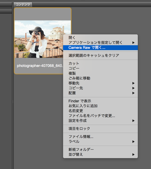 Bridgeからの操作で、Camera rawで開く。