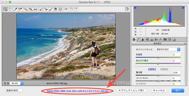 Camera rawでの作業用カラースペースなどの設定画面を開く。