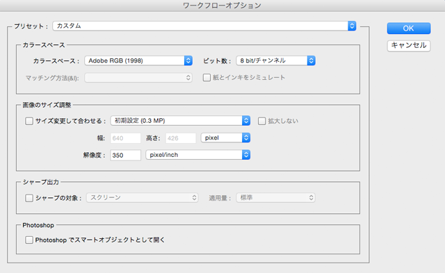 Camera rawでの作業用カラースペースなどを設定する。