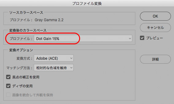 目標のドットゲインにプロファイル変換