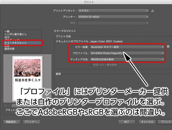 「プリント」の設定画面のカラーマネジメントの設定