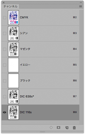 チャンネルパネル　シアン、マゼンタ両チャンネルに特色を適用した状態