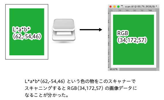 L*a*b*（62,-54,46）とういう色をスキャンするとRGB（34,172,57）のRGBデータになることが分かった