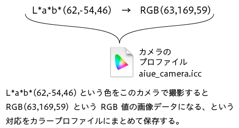 撮影する対象のL*a*b*などの値と、撮影結果のRGB画像のRGB値の対応関係をデバイスのカラープロファイルとして保存