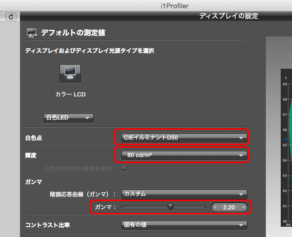 輝度、白色点の色、ガンマの設定