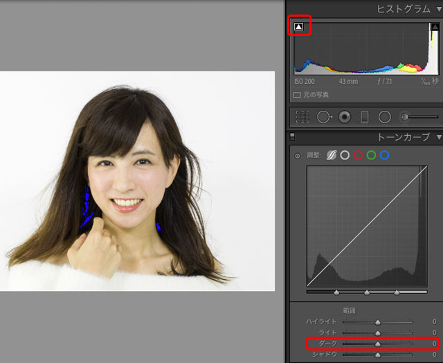 「トーンカーブ」の「ダーク」のスライダーでコントラストを調整