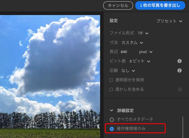 画像データに含める情報の設定