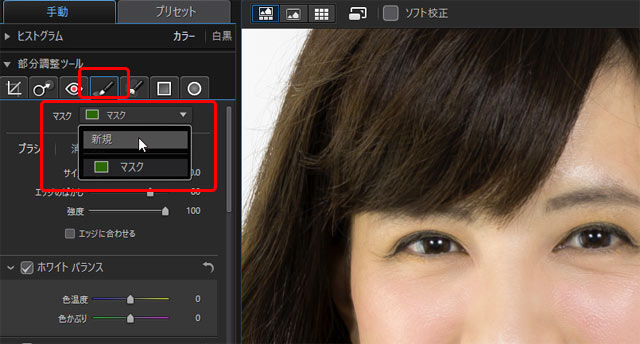 「調整ブラシ」の「マスク」で「新規」を選択