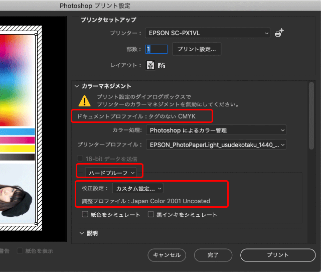 「ハードプルーフ」で「カスタム設定で」でCMYKプロファイルを指定