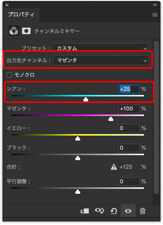 チャンネルミキサーでマゼンタ、イエローのチャンネルを調整し、画像全体の濃さの雰囲気を元データに近づける