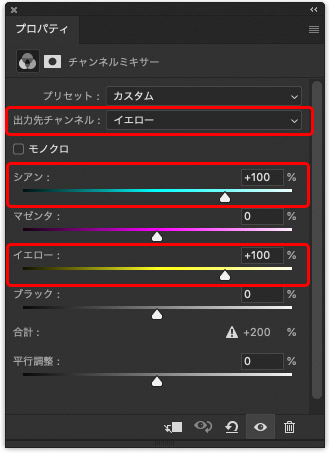 チャンネルミキサーでマゼンタ、イエローのチャンネルを調整し、画像全体の濃さの雰囲気を元データに近づける