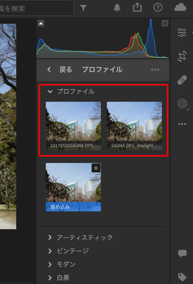 RAWデータを撮影したカメラ専用の自作プロファイルが表示されている状態
