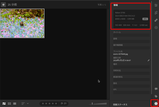 「情報」をのマークをクリックして画像データの情報を表示