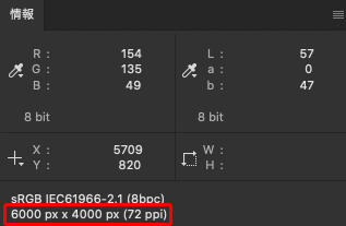 Photoshopの情報パネルで確認した画像データの解像度　72dpiになった