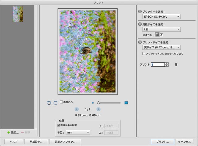 Photoshop Elementsの「プリント」の画面