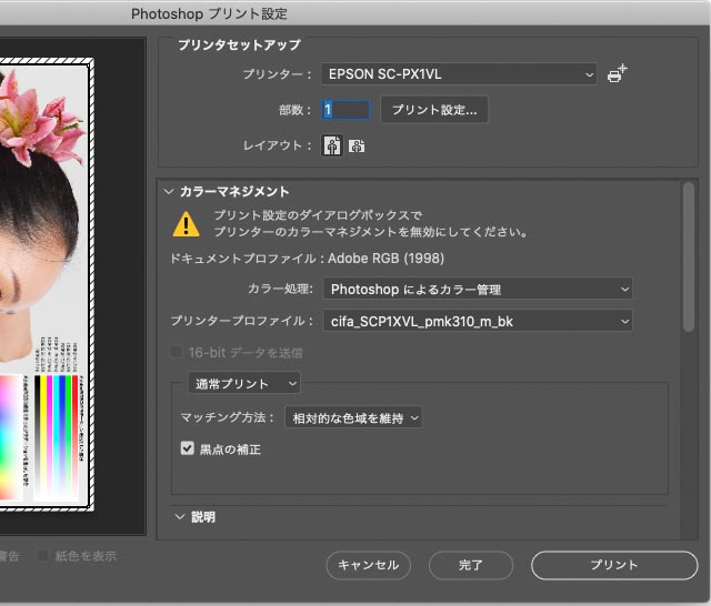 Canson Infinityのサイトからダウンロードしたプロファイルを使い、SC-PX1VLでPrintmaking Rag 310に印刷する設定の例