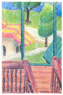 手すき紙の絵葉書「ログハウスの窓」（手描き絵画・イラストをプリント）No60003