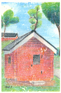 手すき紙の絵葉書「小さな家」（手描き絵画・イラストをプリント）No60013