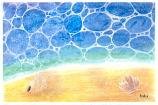 手すき紙の絵葉書「夏の終わり」（手描き絵画・イラストをプリント）No60016