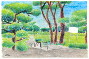 手すき紙の絵葉書「エドウィンダン公園」（手描き絵画・イラストをプリント）No60017