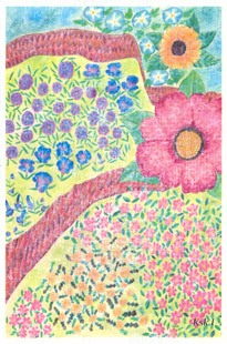 手すき紙の絵葉書「お花畑」（手描き絵画・イラストをプリント）No60021