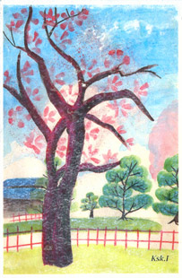 手すき紙の絵葉書「中島公園」（手描き絵画・イラストをプリント）No60024