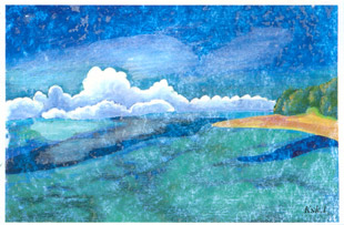 手すき紙の絵葉書「青い海」（手描き絵画・イラストをプリント）No60028