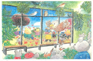 手すき紙の絵葉書「秋になった動物の森」（手描き絵画・イラストをプリント）No60047