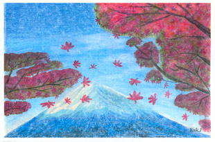 手すき紙の絵葉書「秋と富士山」（手描き絵画・イラストをプリント）No60051