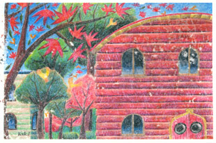 手すき紙の絵葉書「教会の紅葉」（手描き絵画・イラストをプリント）No60052