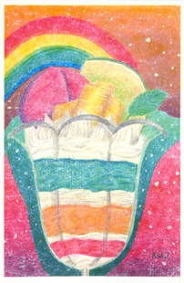 手すき紙の絵葉書「虹とパフェ」（手描き絵画・イラストをプリント）No60058
