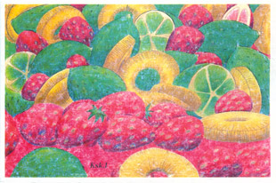 手すき紙の絵葉書「大好きなフルーツ」（手描き絵画・イラストをプリント）No60060