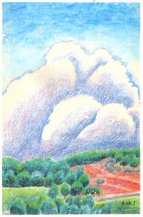 手すき紙の絵葉書「白い雲」（手描き絵画・イラストをプリント）No60064