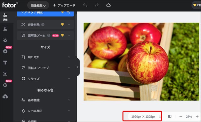 Fotorで読み込んだ画像の現在の絶対的なサイズ（単位pixel）