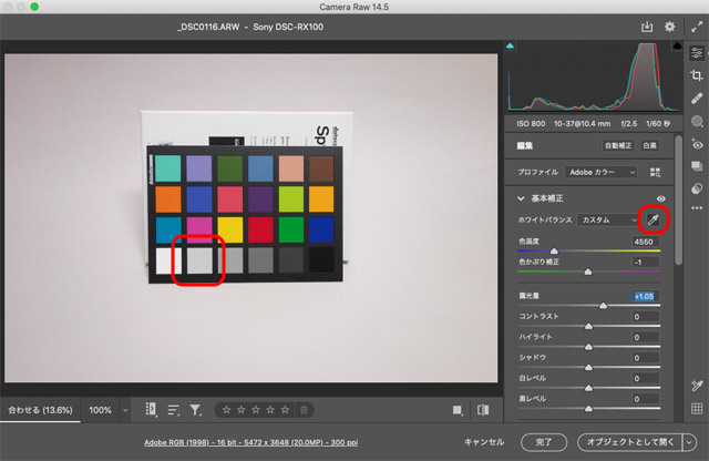 Camera Rawのホワイトバランス調整用のスポイトでカラーバランスの調整をしてみた例