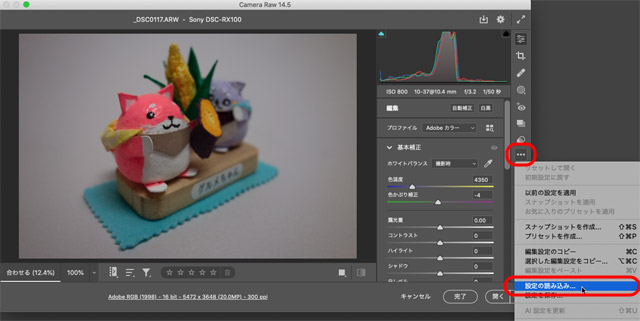 Camera Rawで「設定の読み込み」に進む