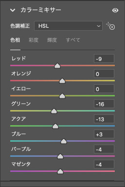 プリセットによる「カラーミキサー」の「色相」の調整内容の例