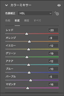 プリセットによる「カラーミキサー」の「彩度」の調整内容