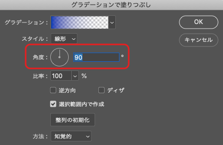 「塗りつぶしレイヤー」の「グラデーション」の「角度」の設定欄