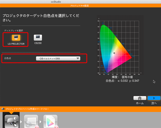 プロジェクタの選択と、白色点の目標の設定