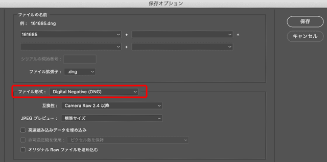 Camera Rawからファイル保存する際の保存オプション