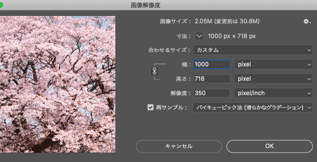 Photoshopの画像解像度のダイアログ