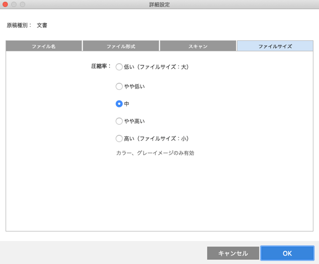 「詳細設定」の「ファイルサイズ」タブ