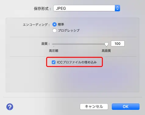 保存形式の詳細設定　JPEGで保存する場合の例