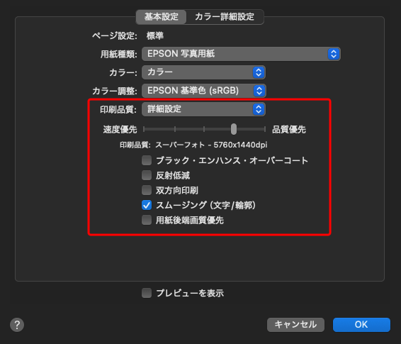 「印刷品質」の詳細設定で印刷解像度を指定して「双方向印刷」なども自分で設定した例（Mac）