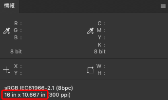 Photoshopで、画像データを印刷したときのサイズをインチの単位で表示した例