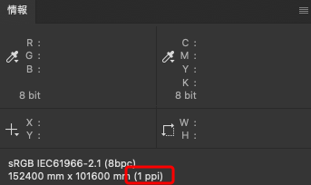 Photoshopの情報パネル　解像度を1ppiに設定してある画像データを開いている例