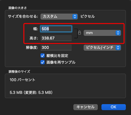 Macの「プレビュー」で、印刷したときのサイズを確認した例（単位mm）
