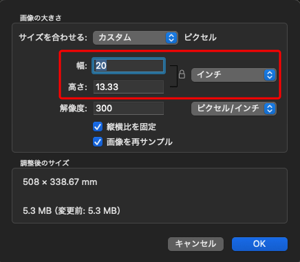 Macの「プレビュー」で、印刷したときのサイズを確認した例（単位インチ）
