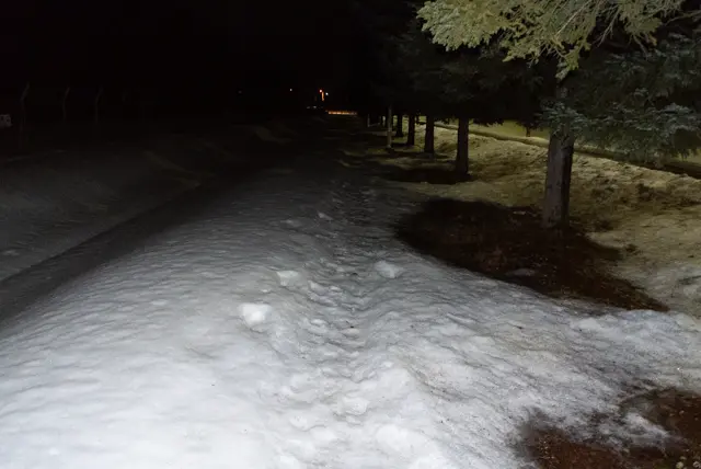 新千歳空港へ続く道(2026年2月頃)。この時はたまたま雪が少なめで人が歩いてできた細道があったため進めた